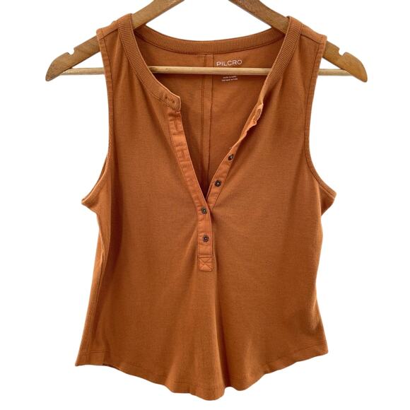 PILCRO Anthropologie Ribbed Henley Tee Tank Top Tan Brown Size Medium Preppy - Picture 2 of 10